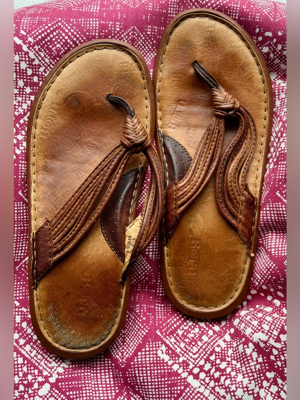 Born Brown Leather Braided Thong Sandals size 8